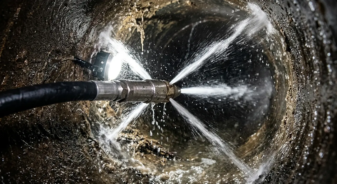 High-pressure hydro jetting nozzle cleaning sewer pipe for Sewer Cleanout in Menomonie