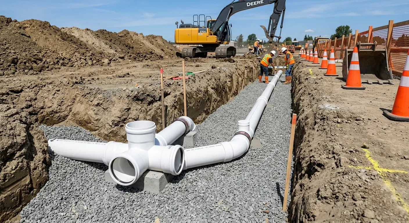 New PVC sewer pipe installation in open trench for Sewer Backup in Menomonie