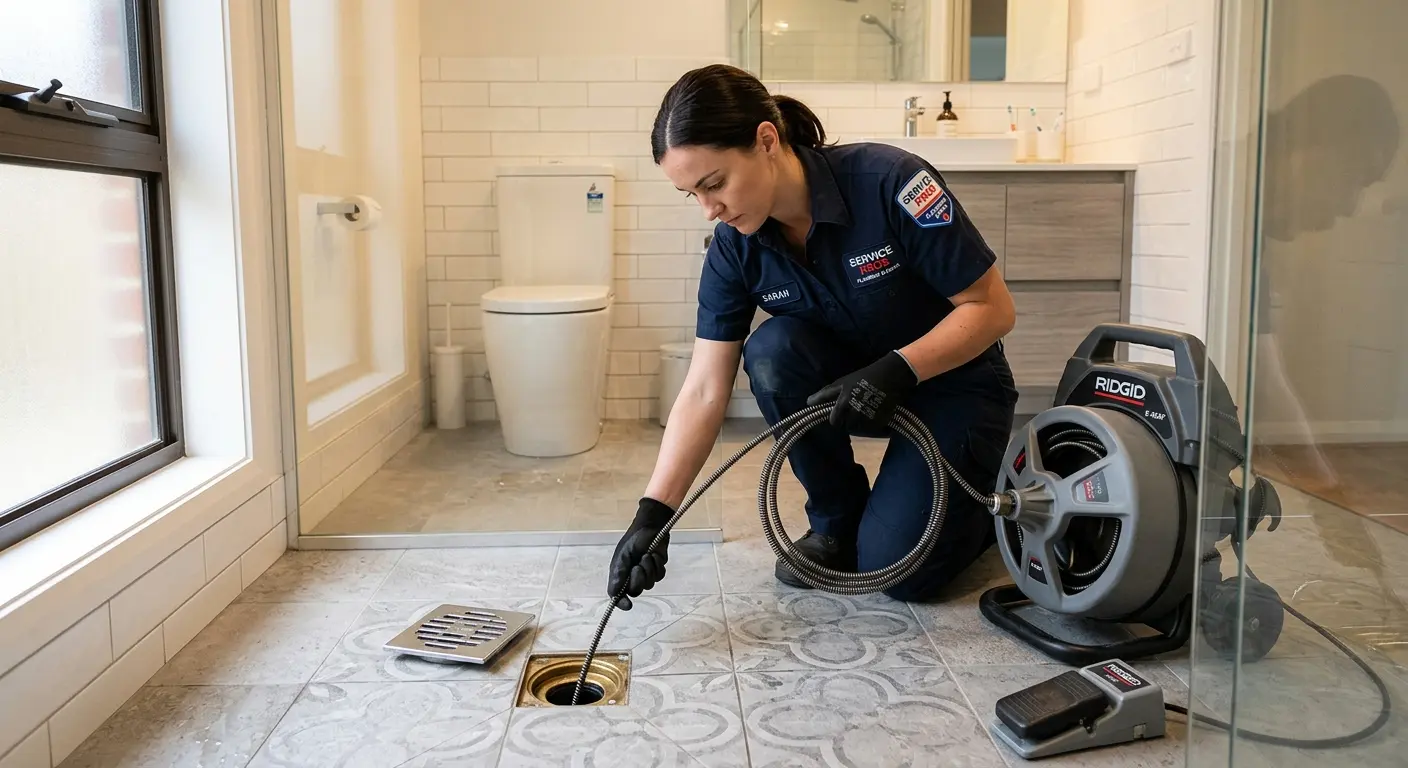 Technician clearing a bathroom floor drain for Sewer Line Replacement in Menomonie